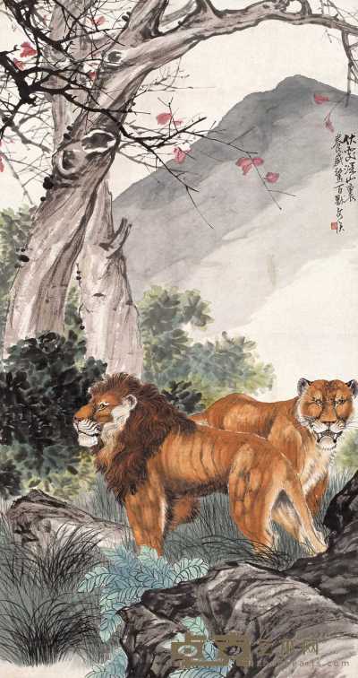 朱文侯 双狮图 轴 177×92cm